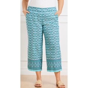 Talbots Nantucket Pull On Wide Leg Crop Pants Turquoise Paisley Linen Blend LP